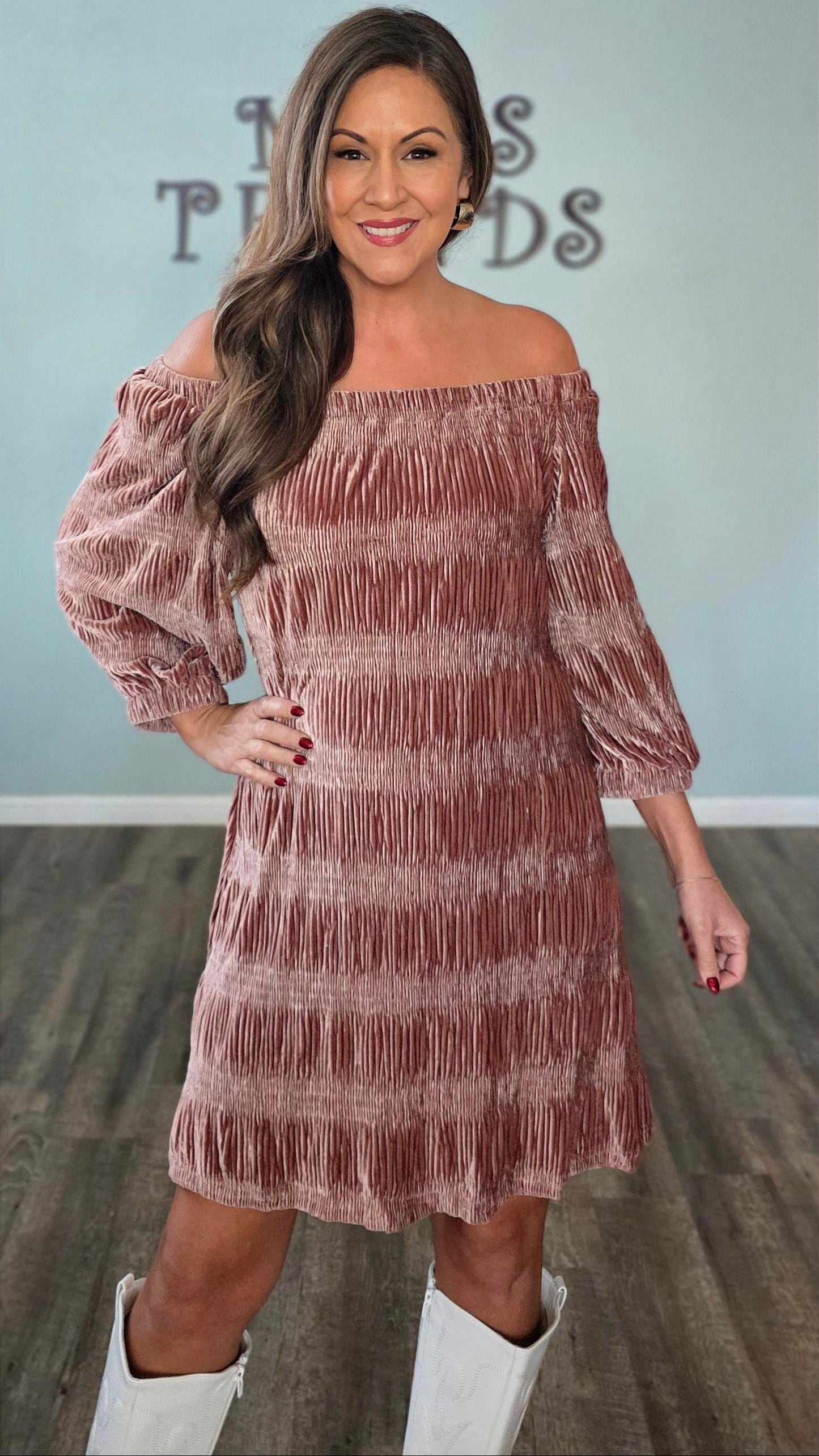 Velvet Elegance Off Shoulder Dress-Mauve