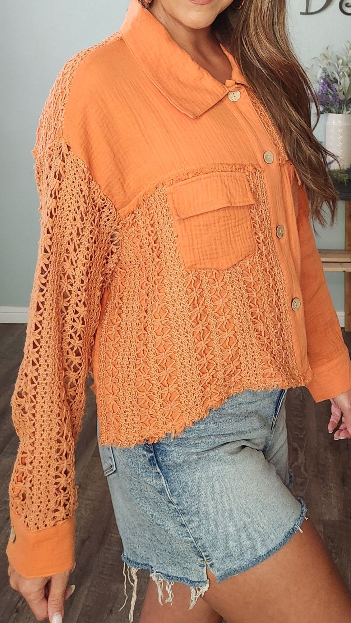 Spiced Orange Crochet Button-Down Top Jacket