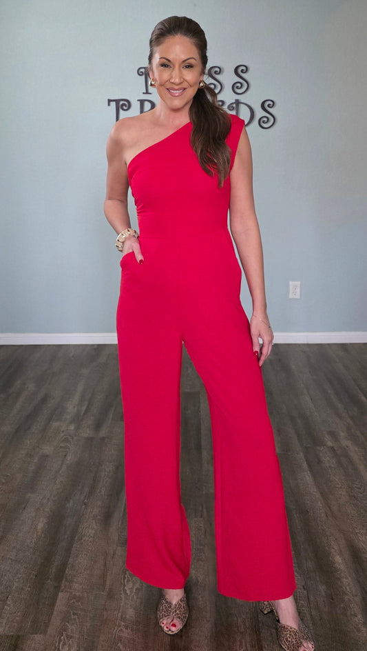 Red Hot One Shoulder Jumpsuit
