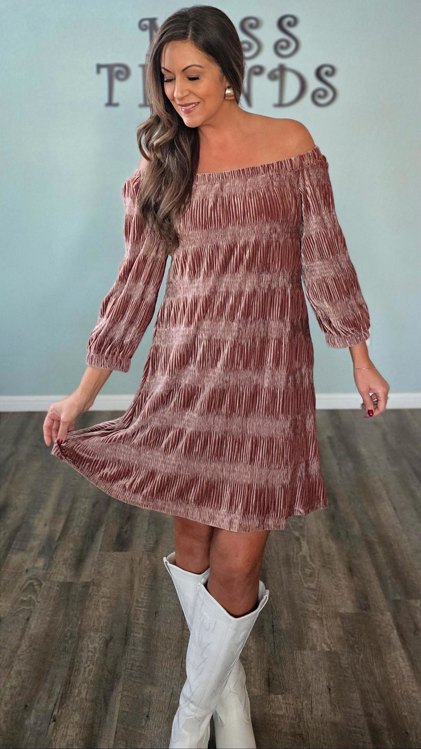 Velvet Elegance Off Shoulder Dress-Mauve