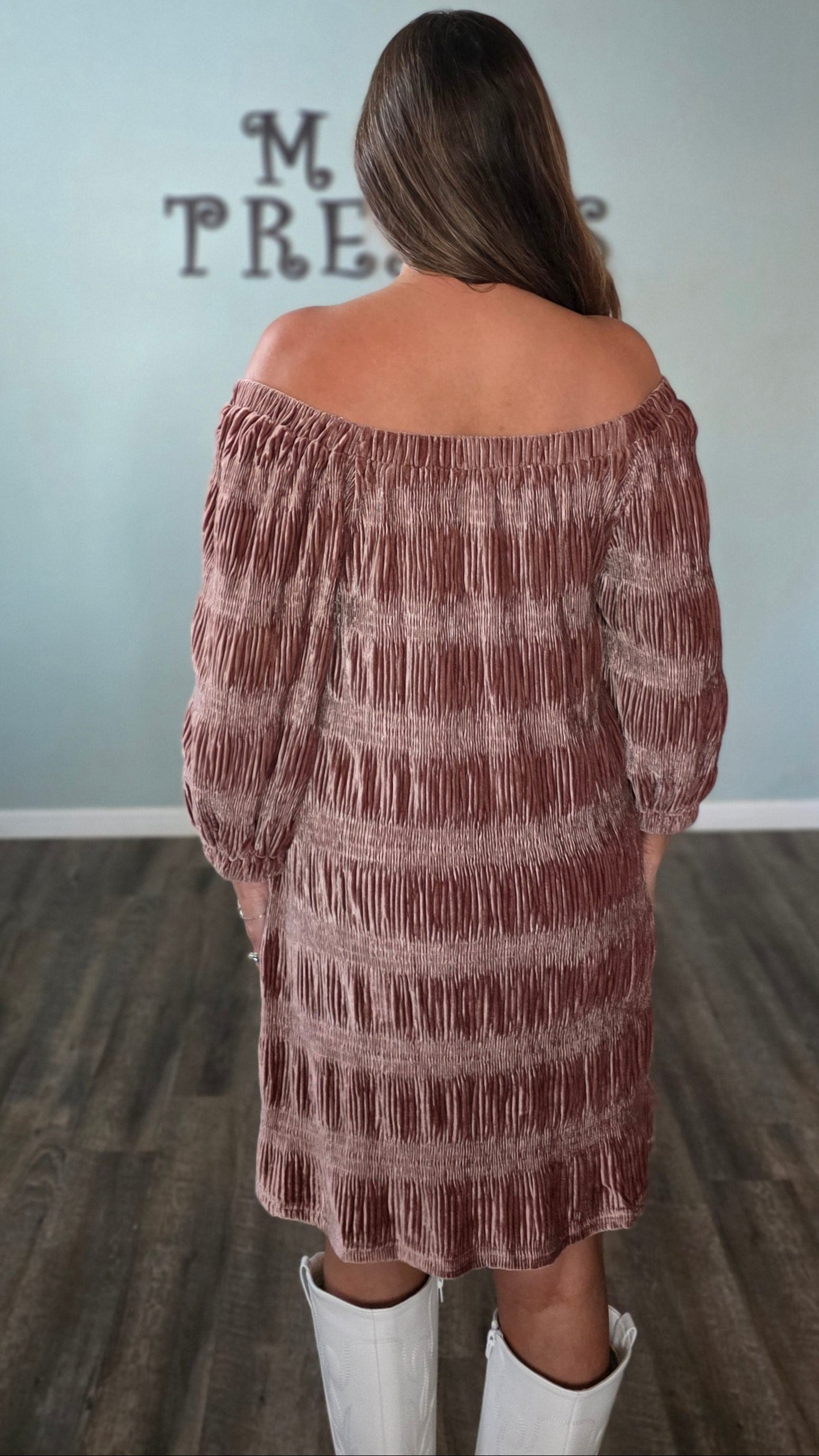 Velvet Elegance Off Shoulder Dress-Mauve