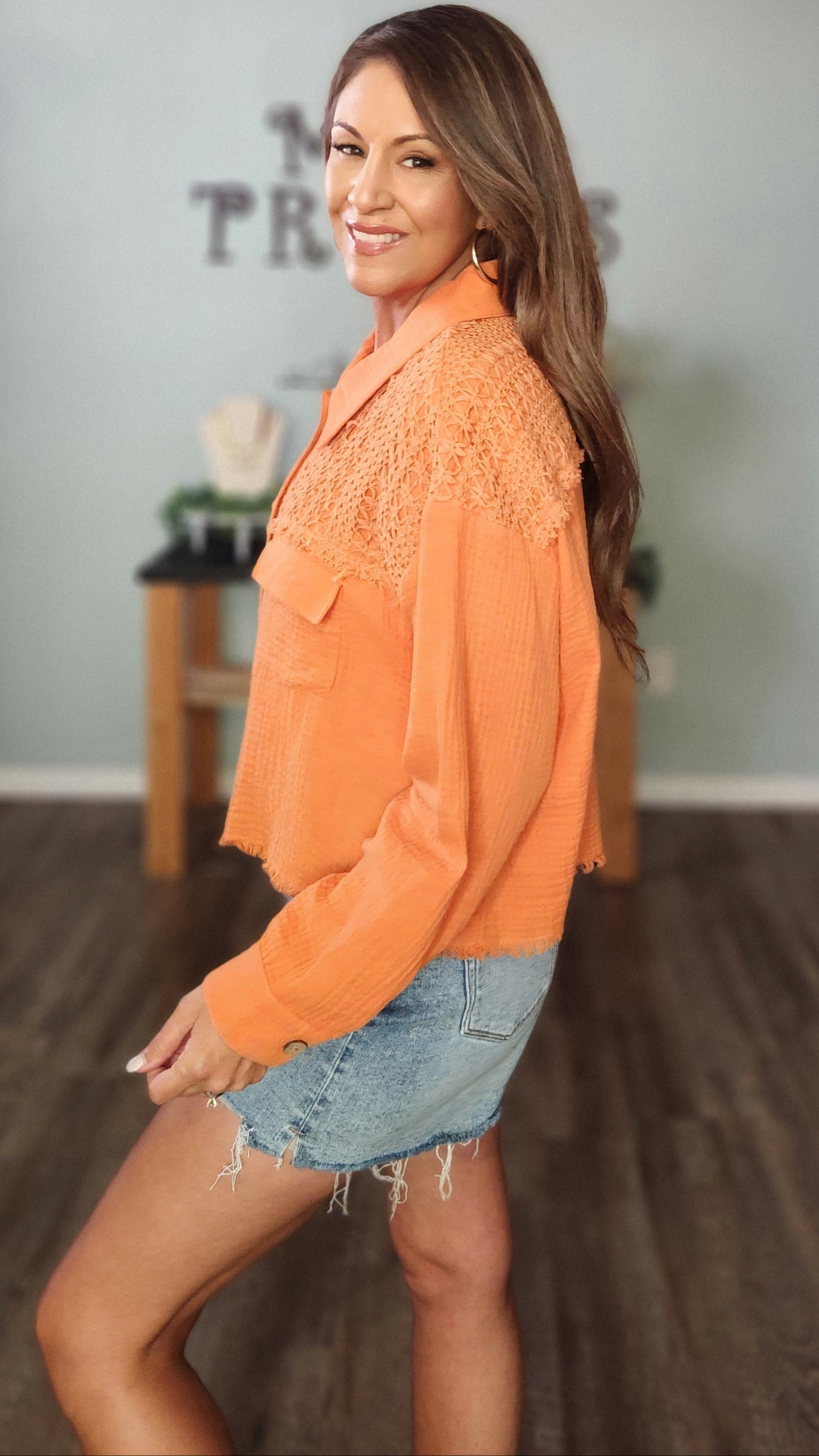 Spiced Orange Crochet Button-Down Top Jacket