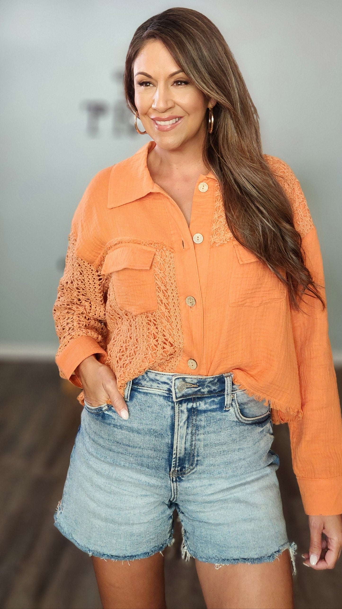 Spiced Orange Crochet Button-Down Top Jacket