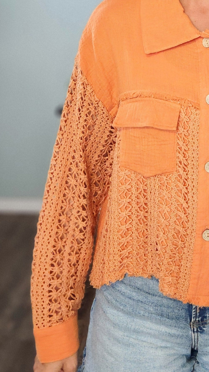 Spiced Orange Crochet Button-Down Top Jacket