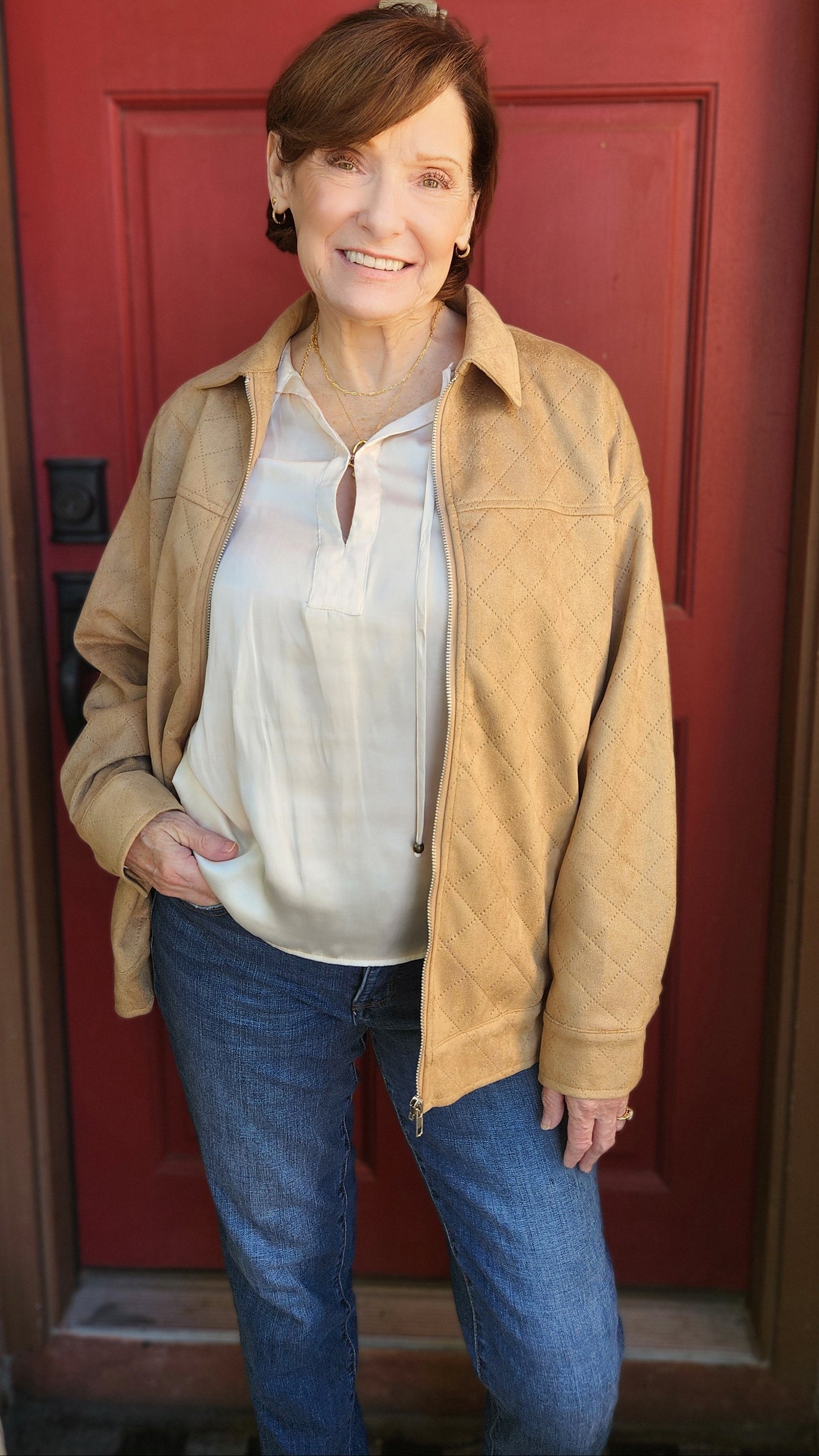 Elevated Errands Quilted Suede Jacket-Sand