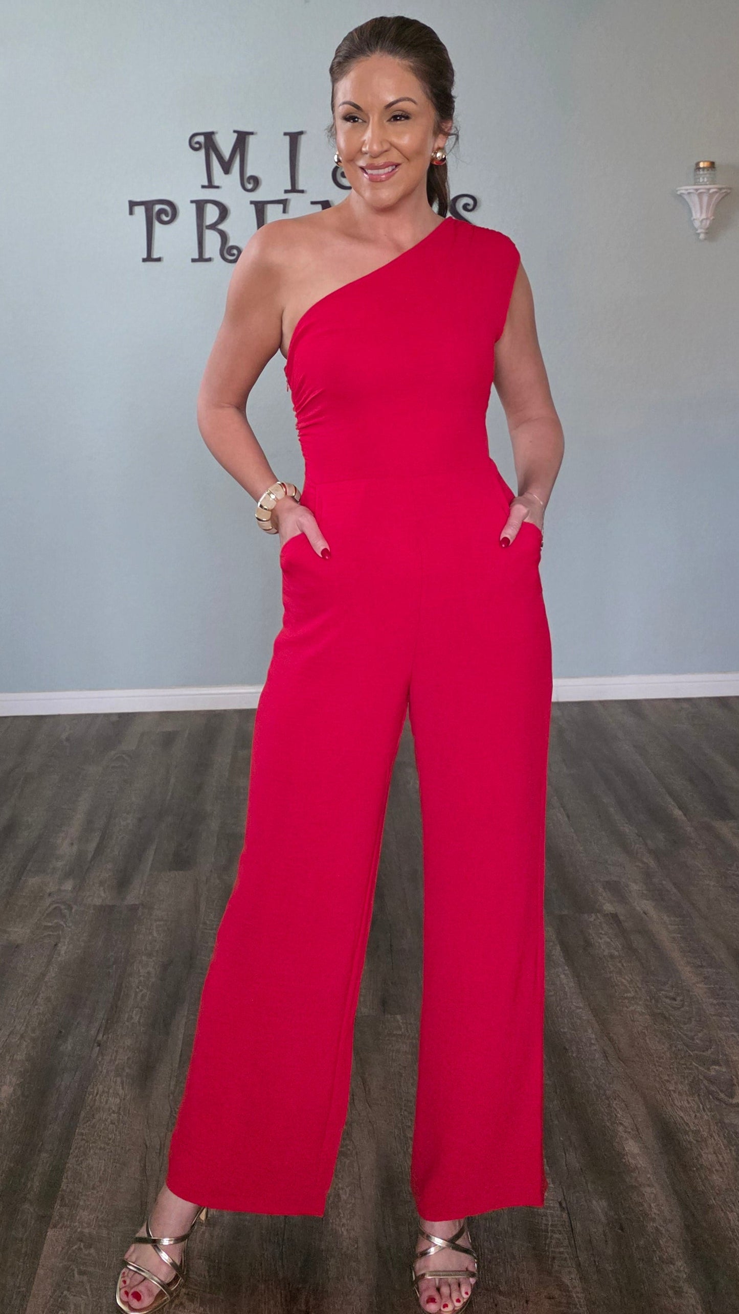 Red Hot One Shoulder Jumpsuit