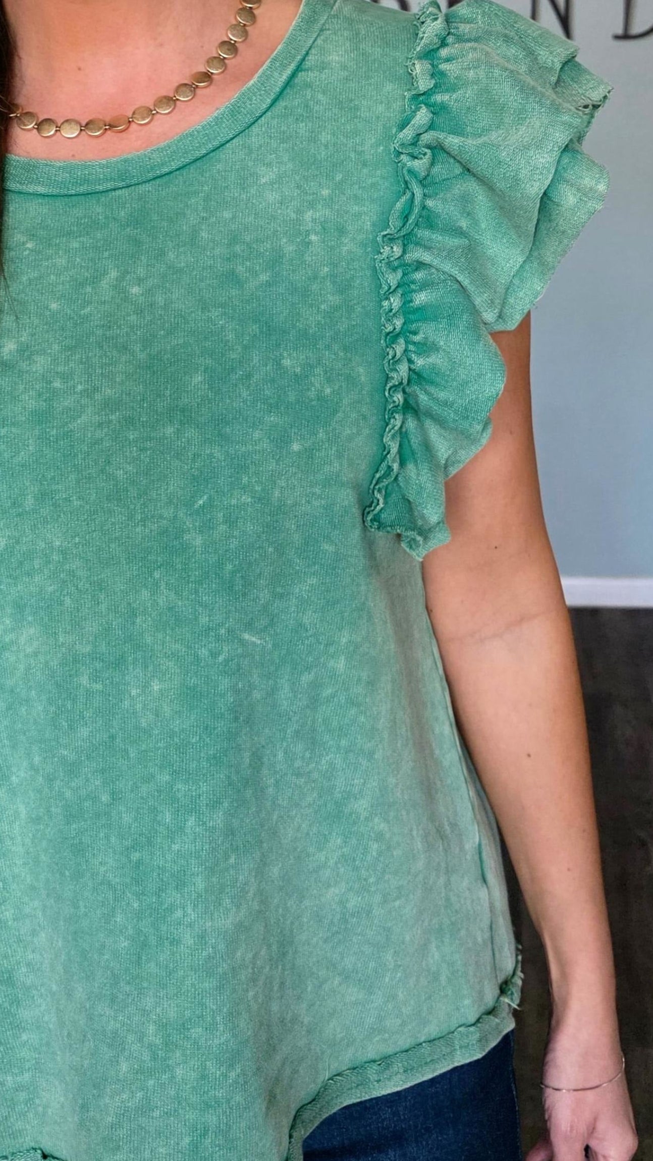 Mineral Washed Ruffle Sleeve Top in Green