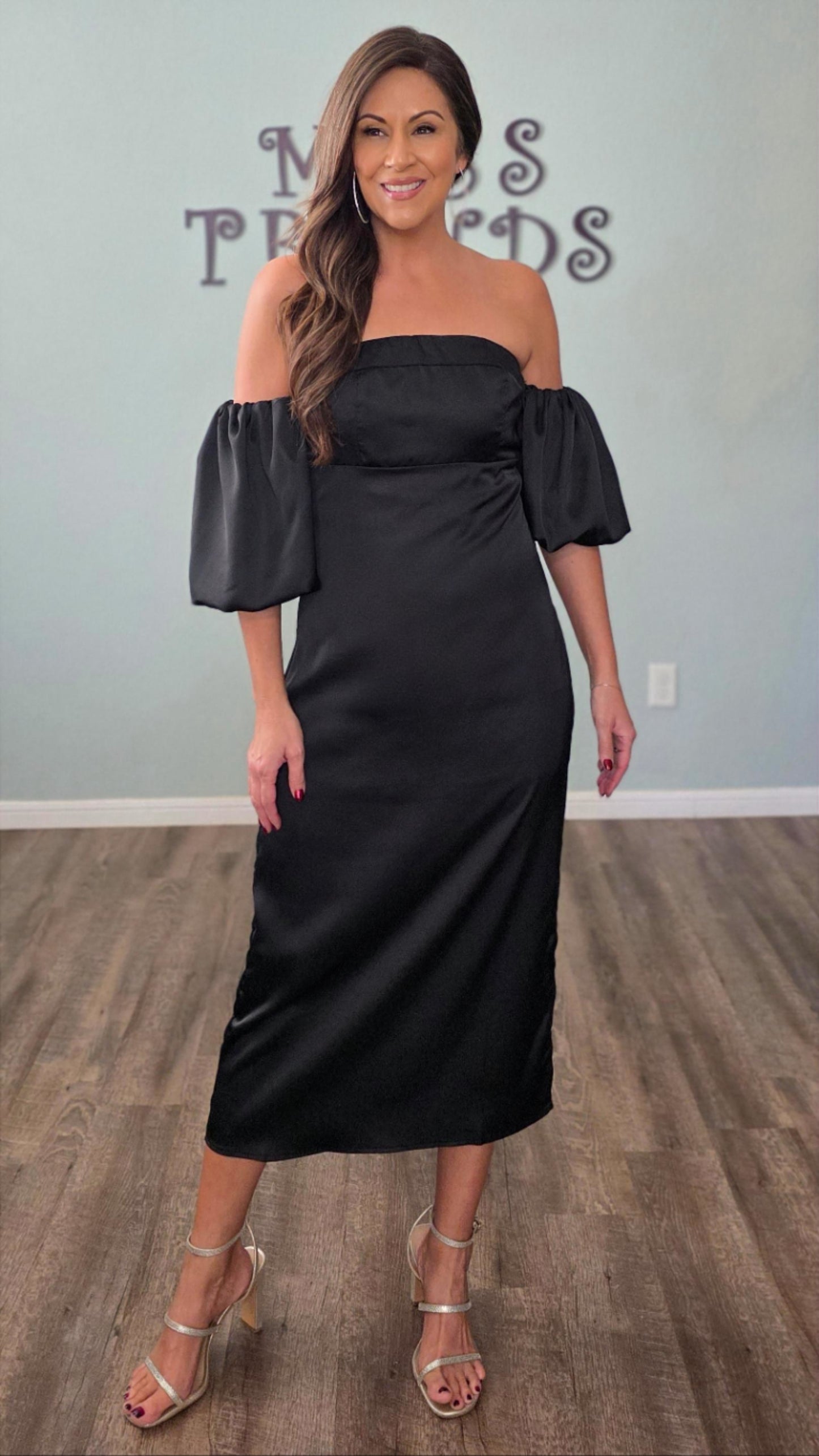 Moonlit Elegance Satin Midi Dress-Black