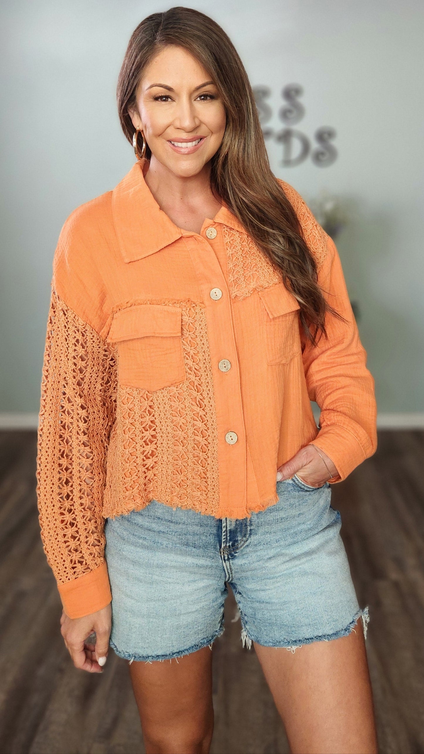 Spiced Orange Crochet Button-Down Top Jacket