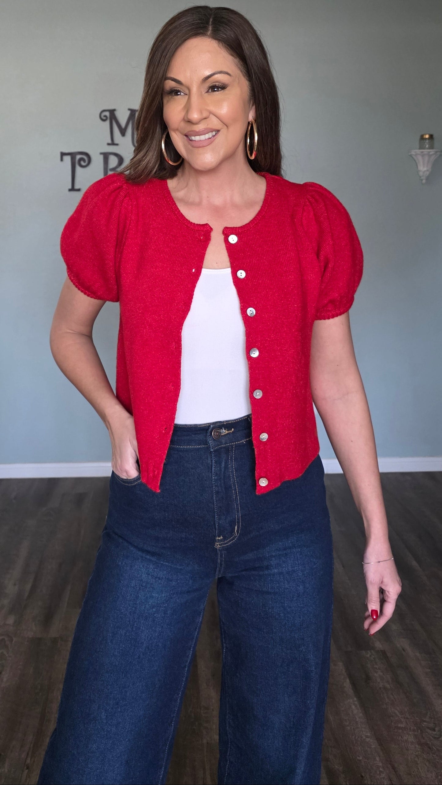 Puff Sleeve Button Down Sweater Top- Red