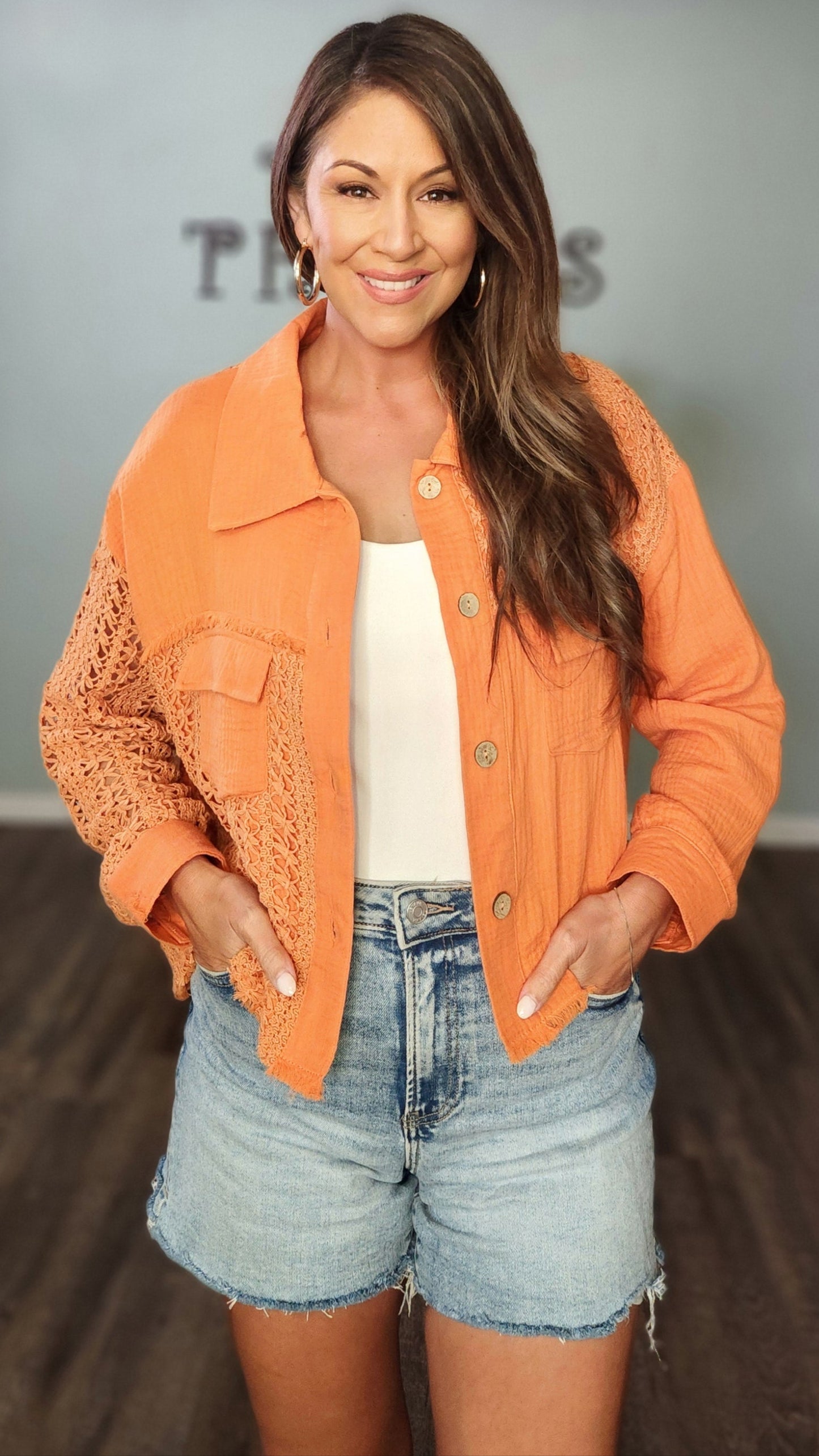 Spiced Orange Crochet Button-Down Top Jacket