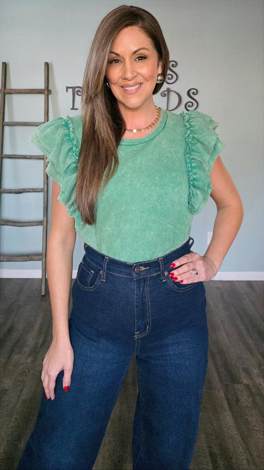Mineral Washed Ruffle Sleeve Top in Green