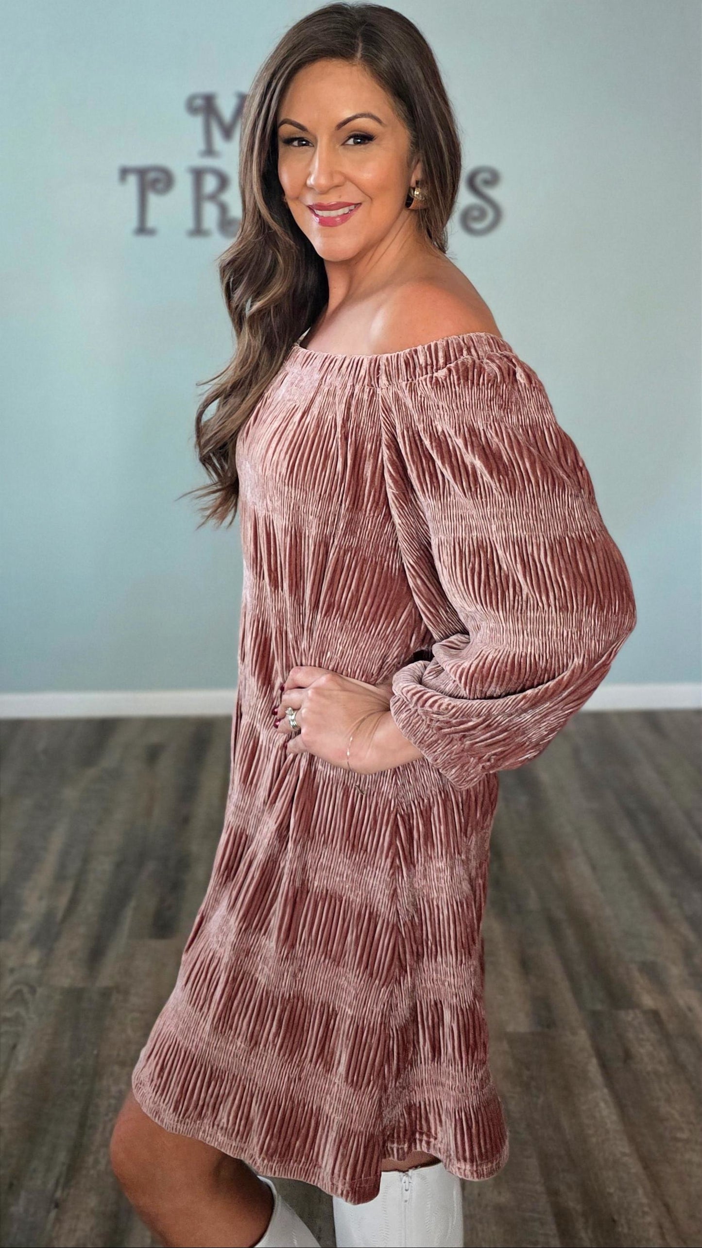 Velvet Elegance Off Shoulder Dress-Mauve