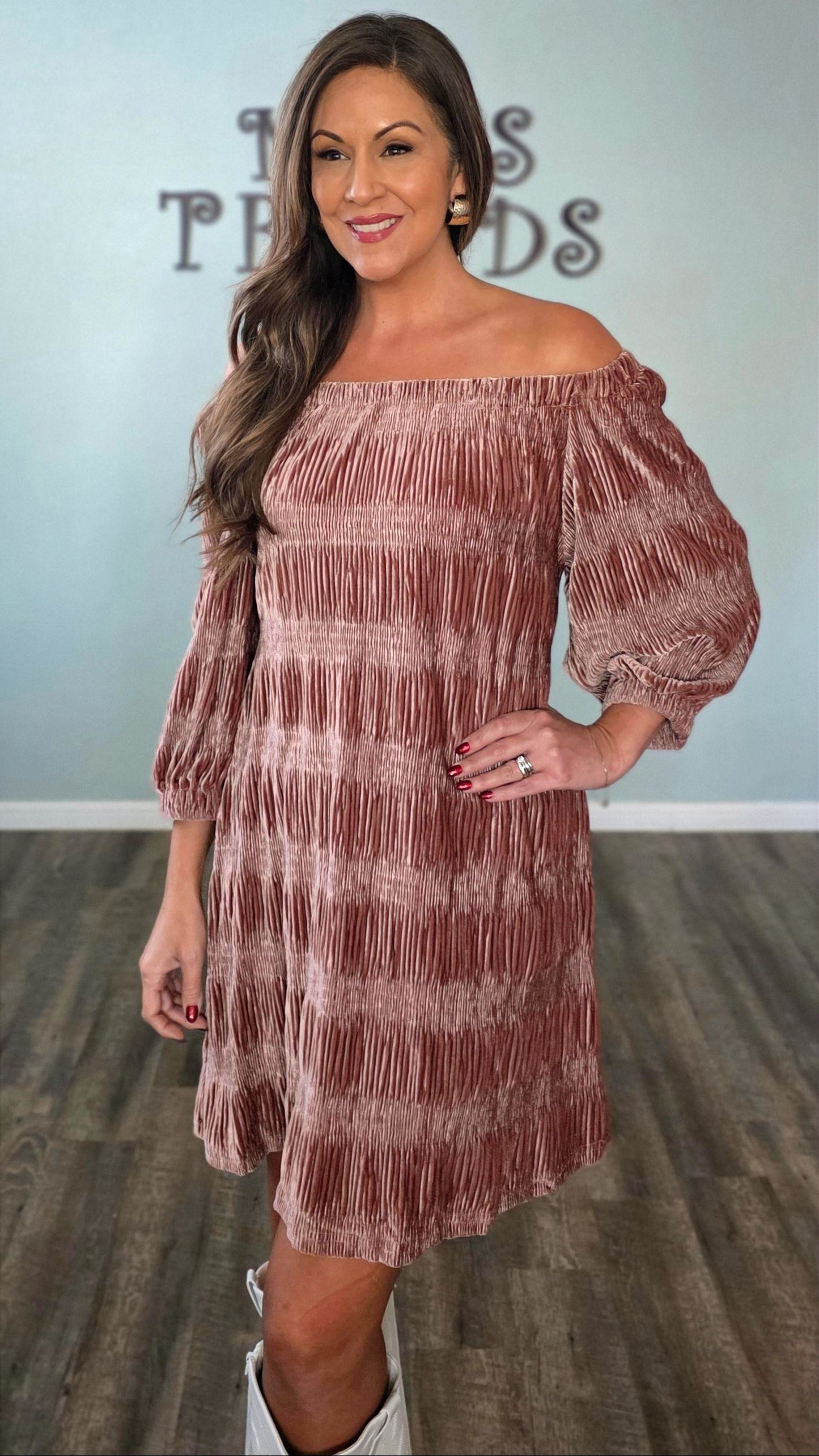 Velvet Elegance Off Shoulder Dress-Mauve