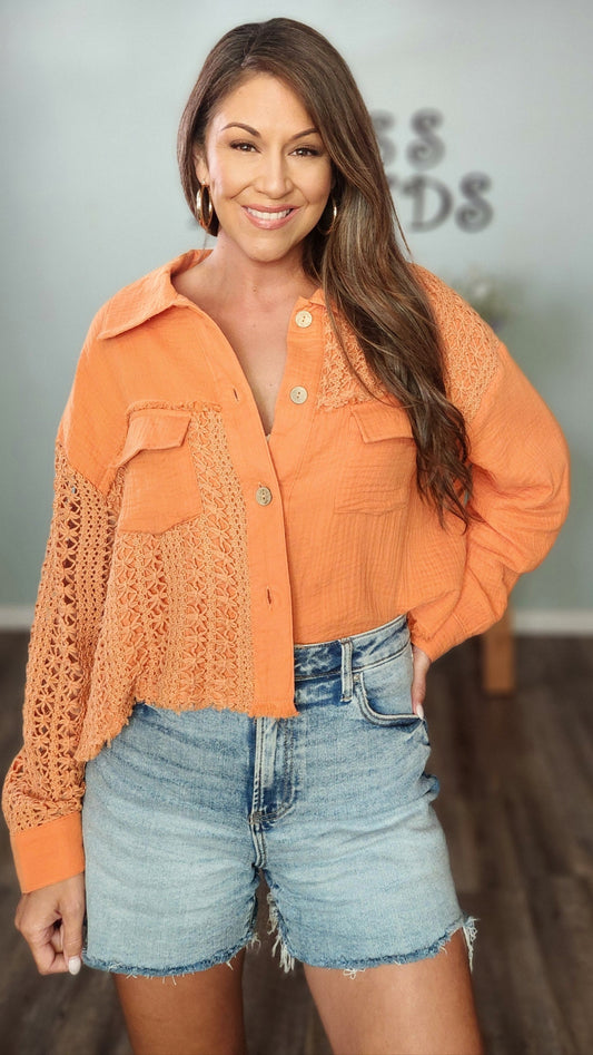 Spiced Orange Crochet Button-Down Top Jacket